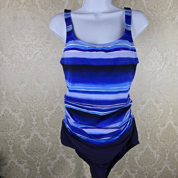 Speedo size 14 One Piece Swimsuit Scoop Neck Striped Top Navy Blue Bottom - Picture 1 of 12